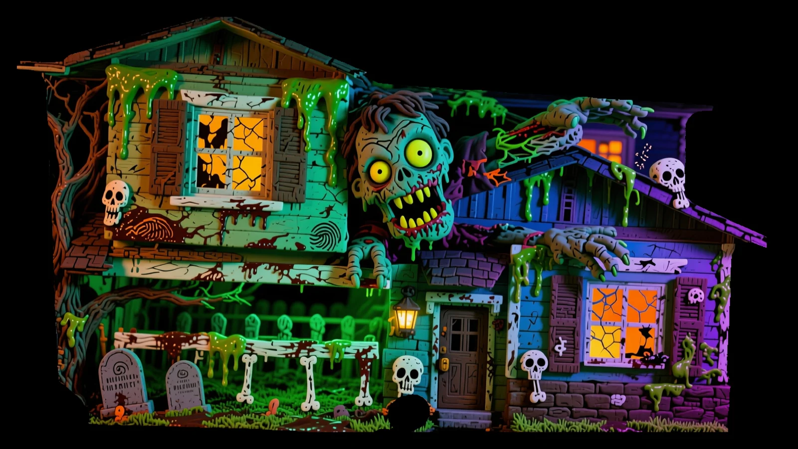 A home facade transformed into a haunted house with AI projection mapping