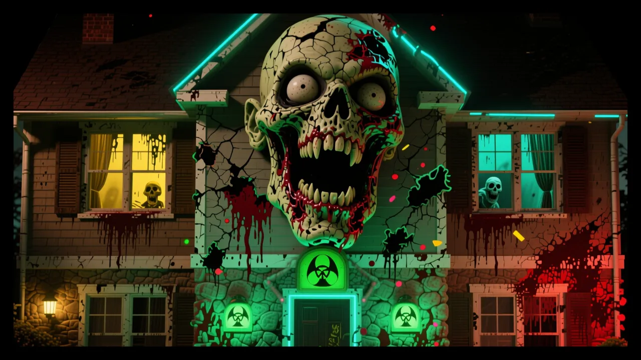 Plague Zombie Crypt — AI projection-mapping facade art generated in FacadeLab