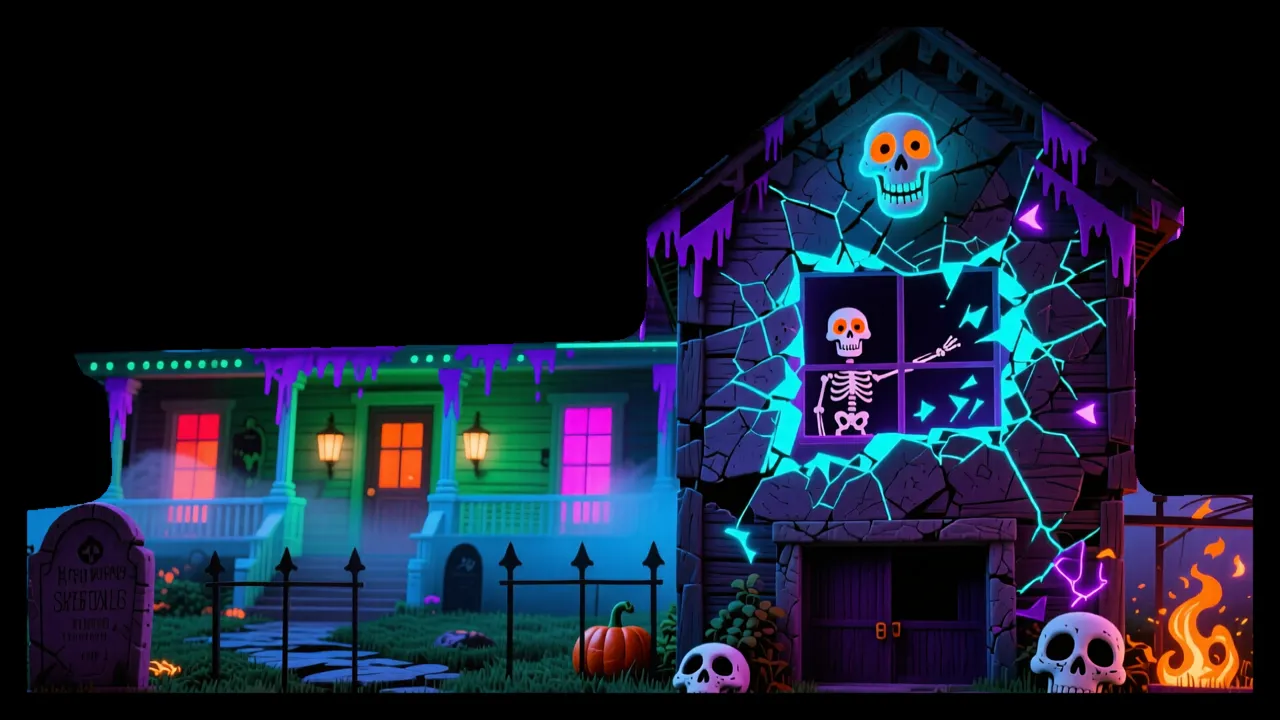 Stop-Motion Skeleton Mansion — AI projection-mapping facade art generated in FacadeLab